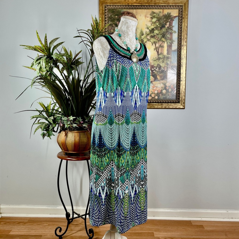 Dressbarn Sheath Dress Womens 12 Blue Green Jersey Knit Geometric Crochet Neck